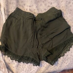 Dark Green Lace Trim Shorts
